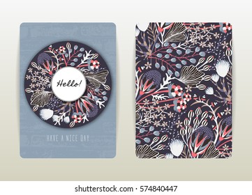 Cover design with floral pattern. Hand drawn creative flowers. Colorful artistic background with blossom. It can be used for invitation, card, cover book, catalog. Size A4. Vector illustration, eps10