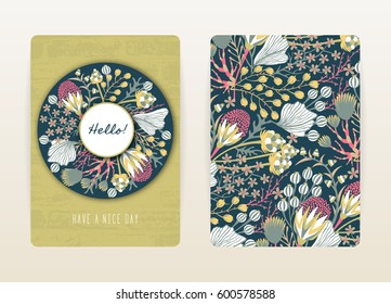 Cover design with floral pattern. Hand drawn creative flowers. Colorful artistic background with blossom. It can be used for invitation, card, cover book, catalog. Size A4. Vector illustration, eps10