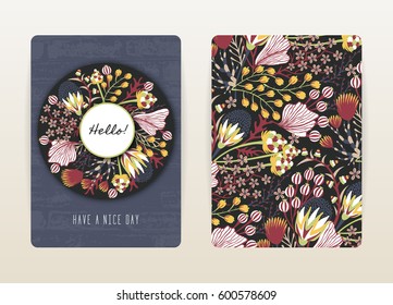 Cover design with floral pattern. Hand drawn creative flowers. Colorful artistic background with blossom. It can be used for invitation, card, cover book, catalog. Size A4. Vector illustration, eps10