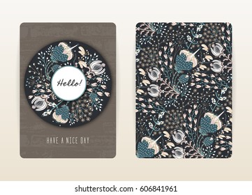 Cover design with floral pattern. Hand drawn creative flowers. Colorful artistic background with blossom. It can be used for invitation, card, cover book, catalog. Size A4. Vector illustration, eps10