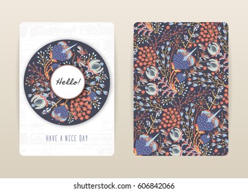 Cover design with floral pattern. Hand drawn creative flowers. Colorful artistic background with blossom. It can be used for invitation, card, cover book, catalog. Size A4. Vector illustration, eps10