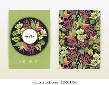 Cover design with floral pattern. Hand drawn creative flowers. Colorful artistic background with blossom. It can be used for invitation, card, cover book, catalog. Size A4. Vector illustration, eps10