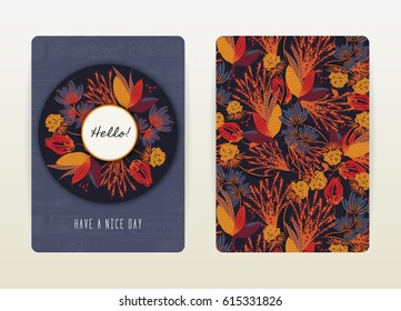 Cover design with floral pattern. Hand drawn creative flowers. Colorful artistic background with blossom. It can be used for invitation, card, cover book, catalog. Size A4. Vector illustration, eps10