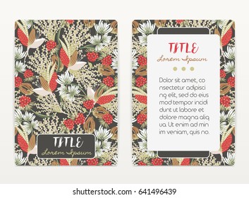 Cover design with floral pattern. Hand drawn creative flowers. Colorful artistic background with blossom. It can be used for invitation, card, cover book, catalog. Size A4. Vector illustration, eps10.