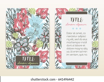 Cover design with floral pattern. Hand drawn creative flowers. Colorful artistic background with blossom. It can be used for invitation, card, cover book, catalog. Size A4. Vector illustration, eps10.