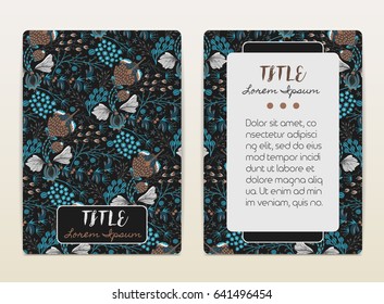 Cover design with floral pattern. Hand drawn creative flowers. Colorful artistic background with blossom. It can be used for invitation, card, cover book, catalog. Size A4. Vector illustration, eps10.