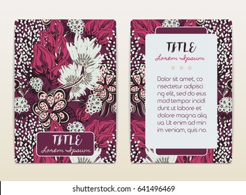 Cover design with floral pattern. Hand drawn creative flowers. Colorful artistic background with blossom. It can be used for invitation, card, cover book, catalog. Size A4. Vector illustration, eps10.