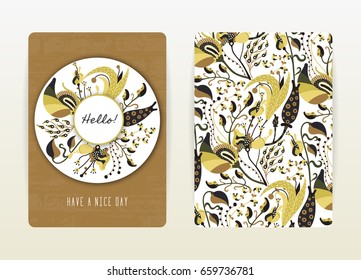 Cover design with floral pattern. Hand drawn creative flowers. Colorful artistic background with blossom. It can be used for invitation, card, cover book, catalog. Size A4. Vector illustration, eps10