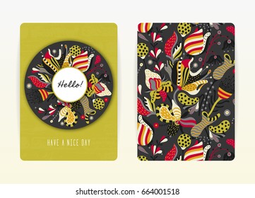 Cover design with floral pattern. Hand drawn creative flowers. Colorful artistic background with blossom. It can be used for invitation, card, cover book, catalog. Size A4. Vector illustration, eps10