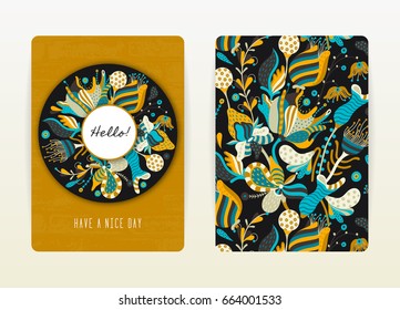 Cover design with floral pattern. Hand drawn creative flowers. Colorful artistic background with blossom. It can be used for invitation, card, cover book, catalog. Size A4. Vector illustration, eps10