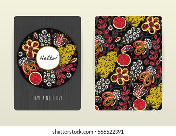 Cover design with floral pattern. Hand drawn creative flowers. Colorful artistic background with blossom. It can be used for invitation, card, cover book, notebook. Size A4. Vector, eps10.