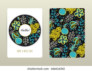 Cover design with floral pattern. Hand drawn creative flowers. Colorful artistic background with blossom. It can be used for invitation, card, cover book, notebook. Size A4. Vector, eps10.