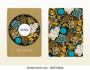 Cover design with floral pattern. Hand drawn creative flowers. Colorful artistic background with blossom. It can be used for invitation, card, cover book, notebook. Size A4. Vector illustration, eps10