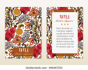 Cover design with floral pattern. Hand drawn creative flowers. Colorful artistic background with blossom. It can be used for invitation, card, cover book, notebook. Size A4. Vector illustration, eps10
