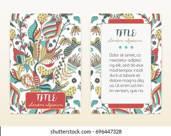 Cover design with floral pattern. Hand drawn creative flowers. Colorful artistic background with blossom. It can be used for invitation, card, cover book, notebook. Size A4. Vector illustration, eps10