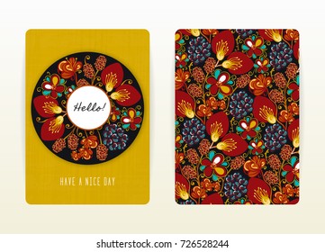 Cover design with floral pattern. Hand drawn creative flowers. Colorful artistic background with blossom. It can be used for invitation, card, cover book, notebook. Size A4. Vector illustration, eps10