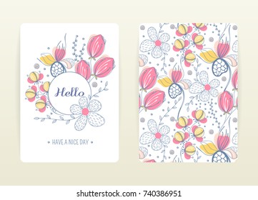 Cover design with floral pattern. Hand drawn creative flowers. Colorful artistic background with blossom. It can be used for invitation, card, cover book, notebook. Size A4. Vector illustration, eps10