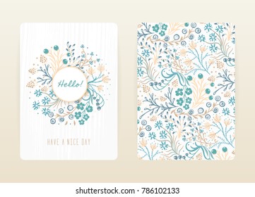 Cover design with floral pattern. Hand drawn creative flowers. Colorful artistic background with blossom. It can be used for invitation, card, cover book, notebook. Size A4. Vector illustration, eps10