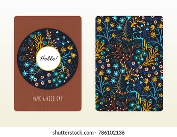 Cover design with floral pattern. Hand drawn creative flowers. Colorful artistic background with blossom. It can be used for invitation, card, cover book, notebook. Size A4. Vector illustration, eps10