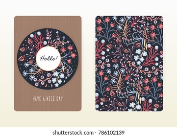 Cover design with floral pattern. Hand drawn creative flowers. Colorful artistic background with blossom. It can be used for invitation, card, cover book, notebook. Size A4. Vector illustration, eps10