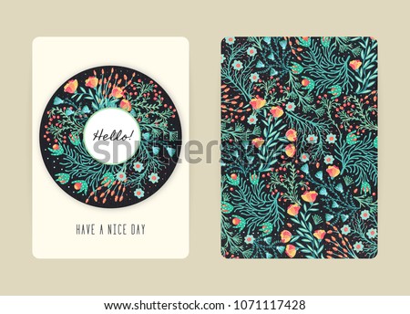 Cover design with floral pattern. Hand drawn creative flowers. Colorful artistic background with blossom. It can be used for invitation, card, cover book, notebook. Size A4. Vector illustration, eps10