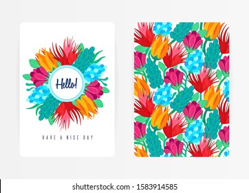 Cover design with floral pattern and round frame. Hand drawn textured flowers. Colorful artistic background with blossom. Invitation, card, cover book, notebook. Size A4. Vector illustration, eps10