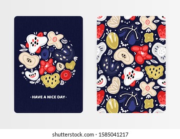Cover design with floral pattern and round composition. Hand drawn abstract flowers. Colorful artistic background with spots. Invitation, card, cover book, notebook. Size A4. Vector illustration