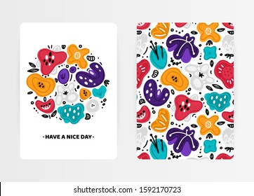 Cover design with floral pattern and round composition. Hand drawn abstract flowers. Colorful artistic background with spots. Invitation, card, cover book, notebook. Size A4. Vector illustration