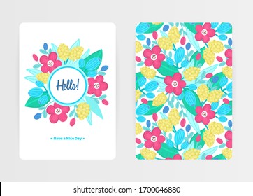Cover design with floral pattern and round frame. Hand drawn flowers. Colorful artistic background with blossom. Invitation, greeting card, cover book, notebook. Size A4. Vector illustration, eps10