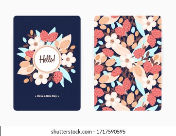 Cover design with floral pattern and round frame. Hand drawn flowers. Colorful artistic background with blossom. Invitation, greeting card, cover book, notebook. Size A4. Vector illustration, eps10