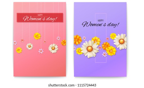 Cover design, floral pattern of spring wildflowers. Set of vector poster with blossom flowers. Greetings of Happy women s day. Summer banner for congratulations, invitations, posters, 3D illustration