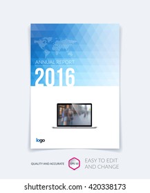 Cover design, flyer, leaflet, with blue modern abstract geometric background with triangles for business, technology and science layout . Brochure template with digital pixel mosaic.