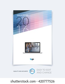Cover design, flyer, leaflet, with blue red modern abstract geometric background with triangles for business, technology and science  layout . Brochure template with digital pixel mosaic.