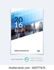 Cover design, flyer, leaflet, with blue modern abstract geometric background with triangles for business, technology and science layout . Brochure template with digital pixel mosaic.