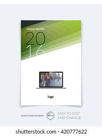 Cover design, flyer, leaflet, with green modern abstract geometric background with triangles for business, technology and science layout . Brochure template with digital pixel mosaic.