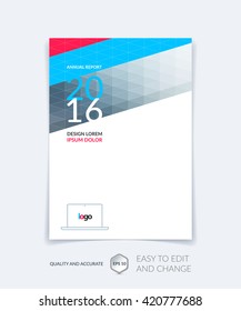 Cover design, flyer, leaflet, with red blue modern abstract geometric background with triangles for business, technology and science  layout . Brochure template with digital pixel mosaic.
