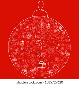 Cover design in the form of a Christmas ball on a red background with white elements for decorative design. Happy new year ornament. Vector illustration of an abstract shape. Greeting Christmas card 