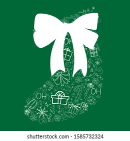 Cover design in the form of a Christmas sock on a green background with white elements and big bow for decorative design. Happy new year ornament. Vector illustration of an abstract shape.