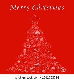 Cover design in the form of a Christmas tree on a red background with white elements for decorative design. Happy new year ornament. Vector illustration of an abstract shape. Greeting Christmas card 