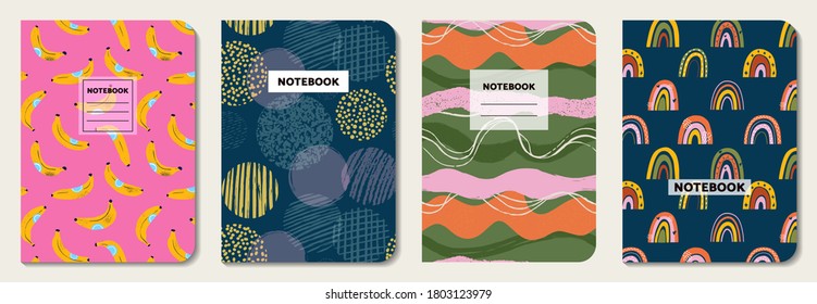 Cover design with fruit, line, circle, rainbow pattern. Hand drawn creative flowers. Colorful artistic background. It can be used for invitation, card, cover book, notebook. Vector illustration