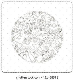 Cover design for the greeting card for the birth of the baby.Depicted in dashed frame, toys, components of the large circle and the word baby on their background. The image is black and white.