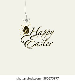 Cover design greeting cards for happy Easter. Shows one egg with circle ornaments on them and the phrase Happy Easter on a beige background. Used gold and black colors.