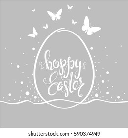 Cover design greeting cards for happy Easter. Shows one  big egg with phrase Happy Easter on them. Used grey and white colors. Around the egg of a butterfly white and confetti white.