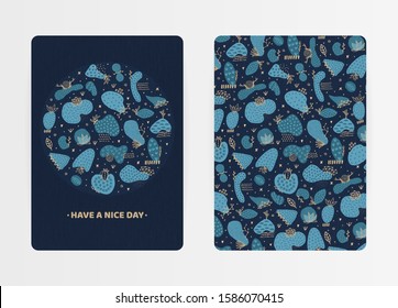 Cover design with hand drawn abstract shapes with different textures, spots and decorative elements. Freehand style. Doodle. Artistic background. Invitation, card, cover book, notebook. Vector, eps10