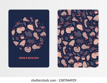 Cover design with hand drawn abstract shapes with different textures, spots and decorative elements. Freehand style. Doodle. Artistic background. Invitation, card, cover book, notebook. Vector, eps10