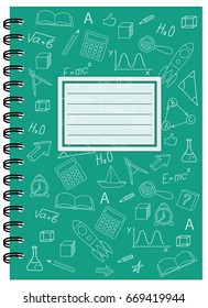 Cover design with hand drawn education icons and symbols for tutorial cover, notebook, sketchbook, album, copybook. Cover A5 notebook template with spiral and empty space. EPS 10.