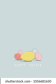 The cover design for happy Easter card. Depicted five eggs of different design and color at the bottom of the postcard and the phrase happy Easter on a blue background.