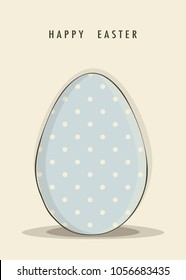 The cover design for happy Easter card. A large blue egg with white polka dots is depicted . The phrase happy Easter on a beige background.