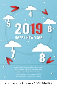 Cover design for Happy new year 2019.
Vector illustration for template, flyer, brochure and invitation in paper cut and craft style.