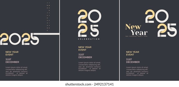 Diseño de portada de feliz año nuevo 2025 con diseño único de fondo oscuro. Diseño de Vector de número de Premium para la celebración de feliz año nuevo 2025.